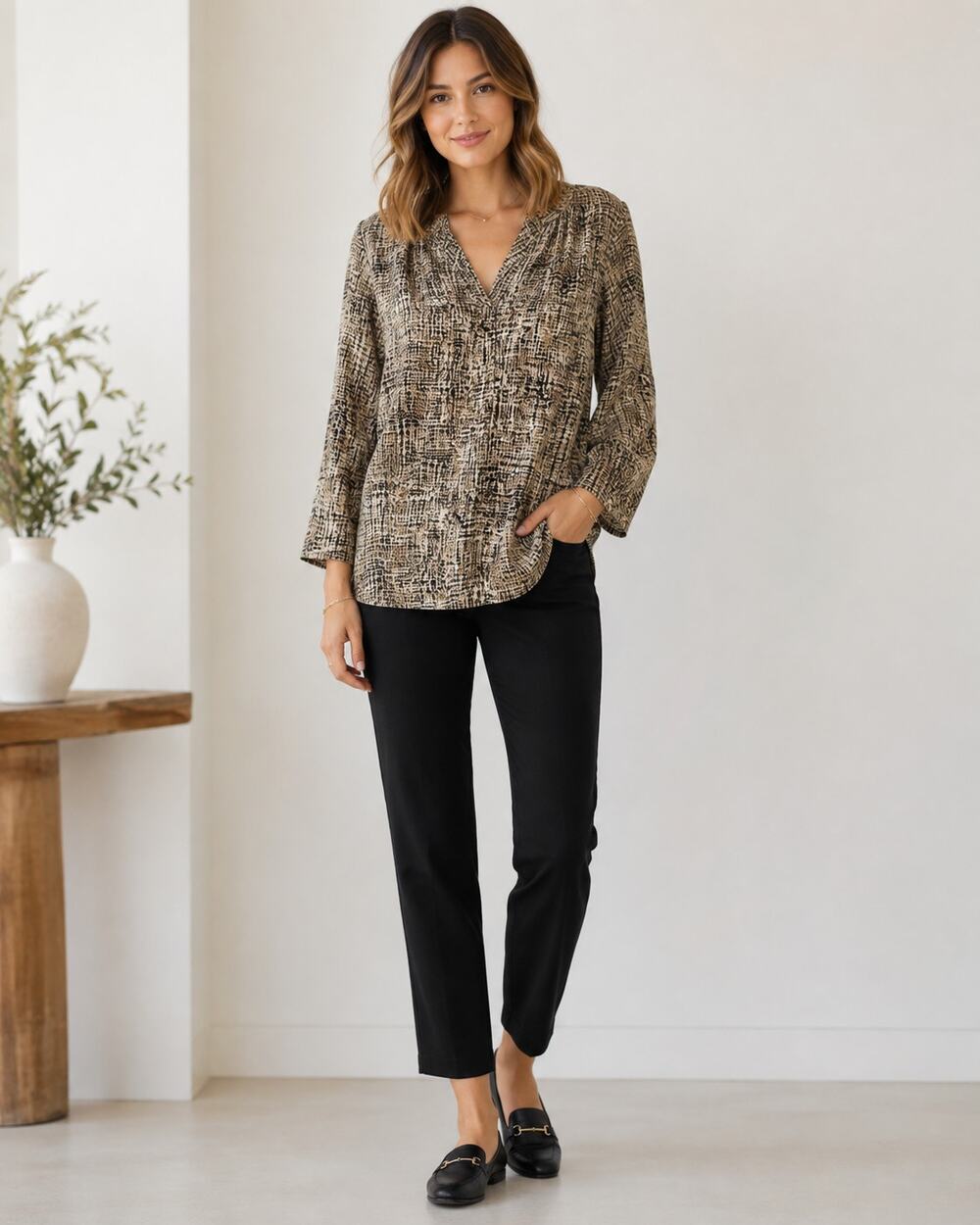 J Jill Tan & Black Abstract Print Blouse Womens XS Casual Long Sleeve Classic